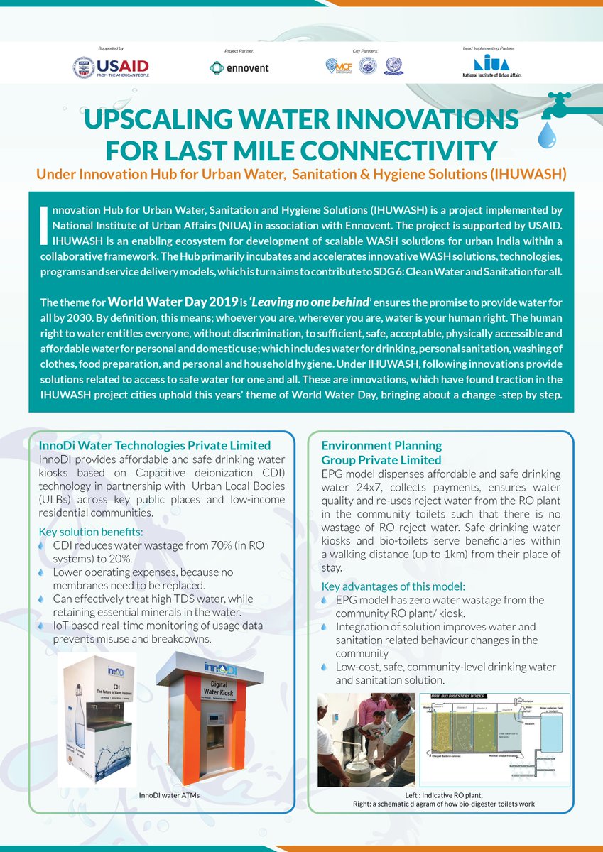 ihuwash's tweet photo. On this #WorldWaterDay; lets look at how #innovations can be the answer to resolve many issues related to #water #LeaveNoOneBehind 
#ihuwash lists out few innovations accelerated &amp; being implemented under its project. @NIUA_India @ennovent @usaid_india #SDG6 #WaterForAll https://t.co/ojdPMzUTun