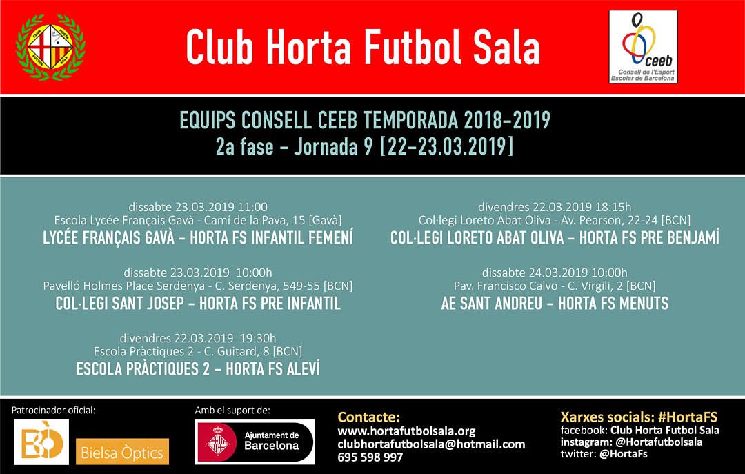 HortaFS's tweet photo. Horaris dels equips del #CEEB d'aquest cap de setmana
#HortaFS #Horta #Futbolsala https://t.co/Z8lupySbbY