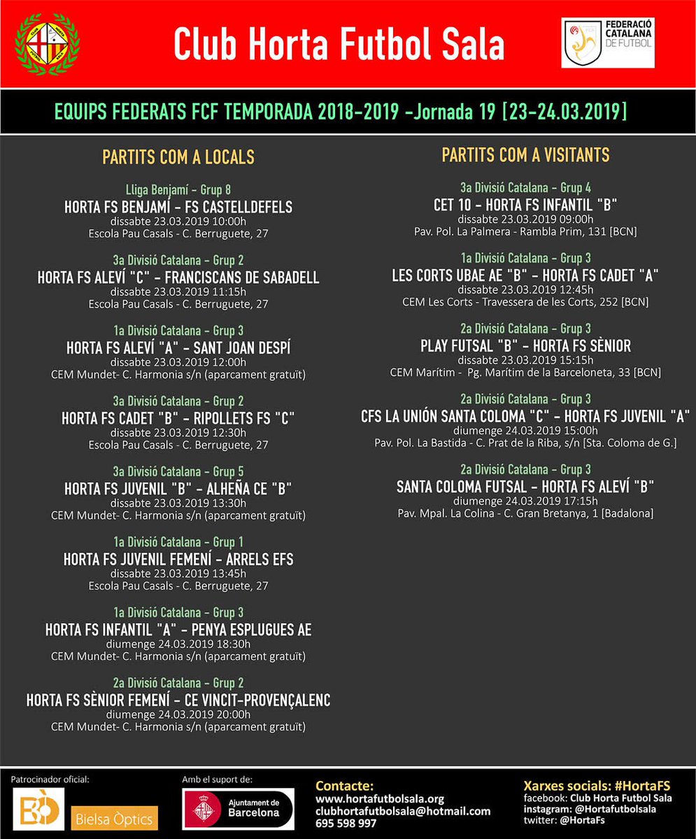 HortaFS's tweet photo. Jornada 19 dels equips federats a la #FCF.
#HortaFS #Hortafutbolsala #Horta #Orgullosa #Futbolsala https://t.co/9Yx7c4rTBU
