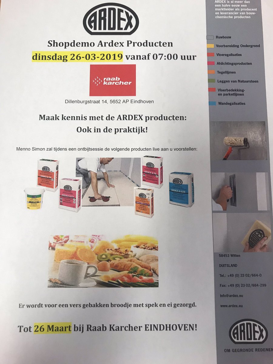 Dinsdag 26 maart #ARDEX shopdemo. Vanaf 7:00 uur bent u van harte welkom met een lekker ontbijtje. Tot dinsdag in Eindhoven !