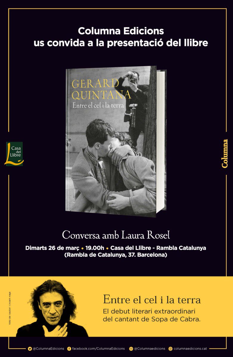 Dimarts que ve, 26 de Març, presentarem "Entre el cel i la terra" amb <a href="/laura_rosel/">Laura Rosel Sola</a> a <a href="/casadellibro/">Casa del Libro</a> de Rambla de Catalunya 37. No estarem sols. Us hi espero. "Si l'amor ho és tot, per què ha de tenir límits" <a href="/columnaedicions/">Columna</a> @gloriagasch