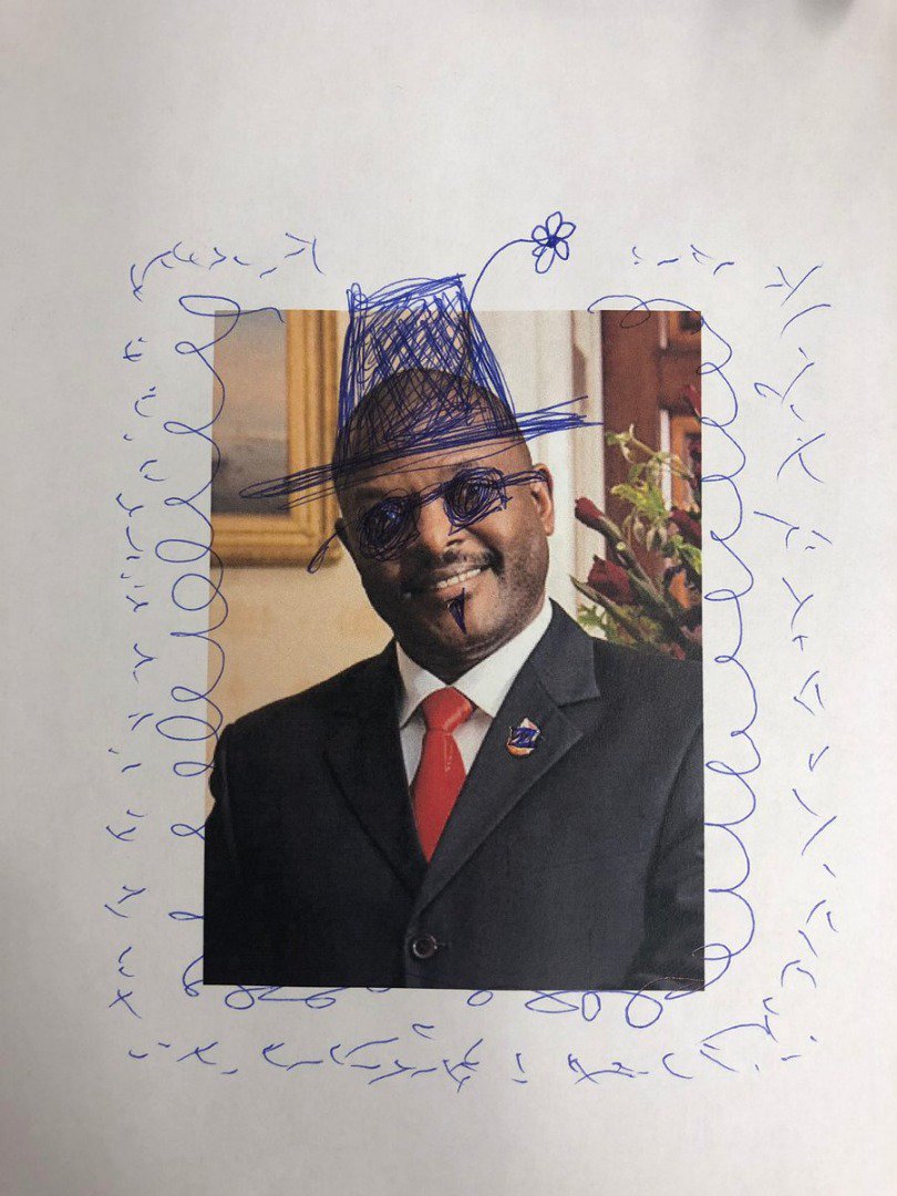 nbstv's tweet image. Defaced versions of Burundian President Nkurunziza's portraits are surfacing online in solidarity with three school girls who have been detained for doodling over his photo in their school textbooks; @HRW says the girls face up to five years in prison if convicted.

#NBSUpdates
