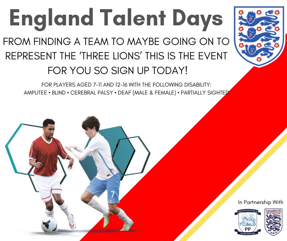 PrestonFutsal's tweet photo. There's still plenty of time to sign up to our England Talent Days Across April! 
⌚ 10am to 12pm
📆 6th, 13th &amp; 27th April 
📍 Fulwood Leisure Centre

#Disability #Futsal #ForAll https://t.co/VyIQZv6z7A