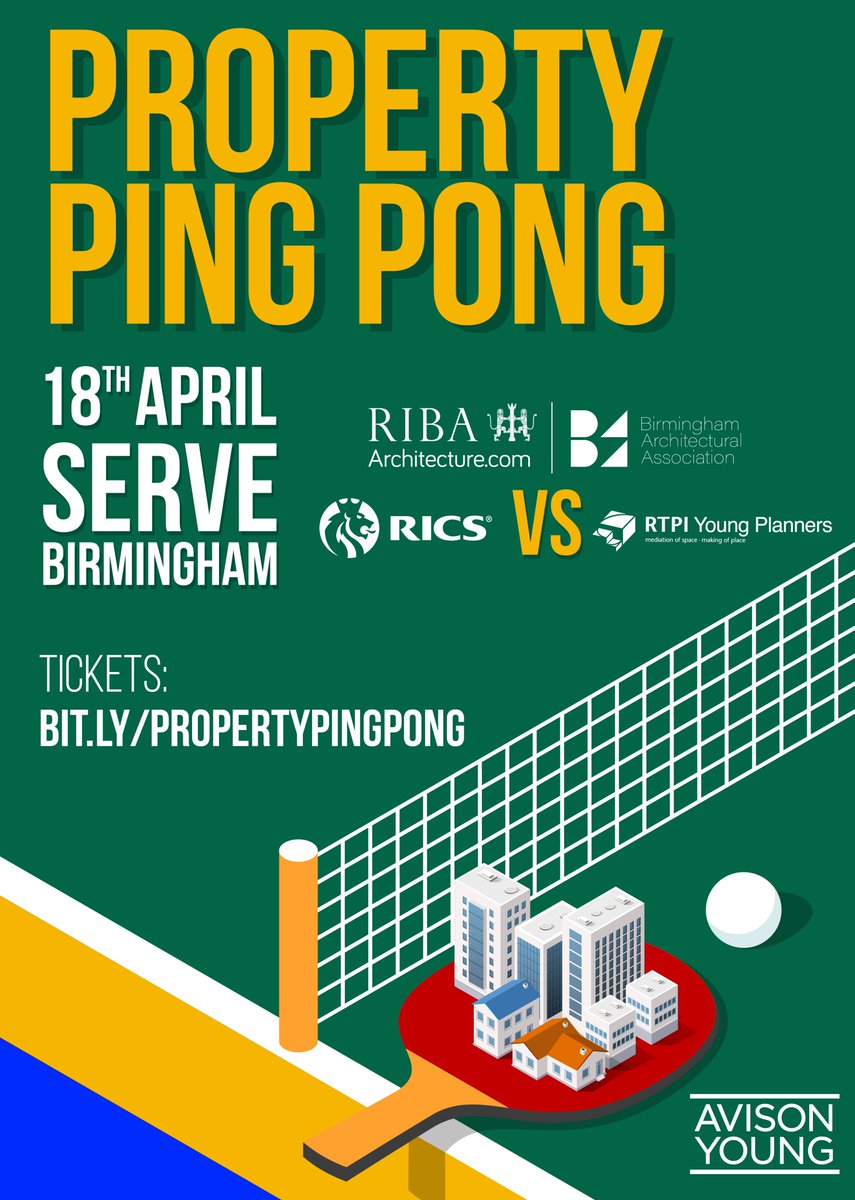 Amazing, the @YPWestMidlands Ping Pong event together with @Birm_Arch @RIBAWestMids and @RICSMidlands Matrics has SOLD OUT.

You can get on the waiting list on here for all Young Planners: rtpi.org.uk/events/events-… 

@bcucebe @CEBEResearch @BCU_BSBE #planning #totalplanning