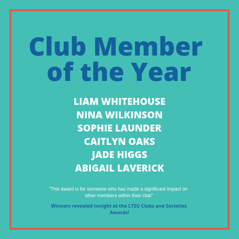 CLUBS AND SOCS AWARDS SHORTLIST #LTSUawards

"This award is for someone who has made a significant impact on other members within their club"

Well done to <a href="/LeedsTrinityFC/">Leeds Trinity Mens Football</a>, <a href="/LTUWomensRugby/">LTUWomensRugby</a>, <a href="/LTU_Hockey/">LTU Hockey</a> and <a href="/ltutitanscheer/">LTU Titans🎀</a> for being shortlisted for this award!
