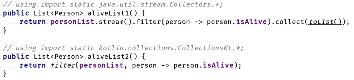 relizarov's tweet image. Pro-tip: kotlin-stdlib is designed with Java users in mind, so that in a Java project you can use it as a light-weight utility library for concise collection manipulation to shorten common operations like filtering, grouping, etc: