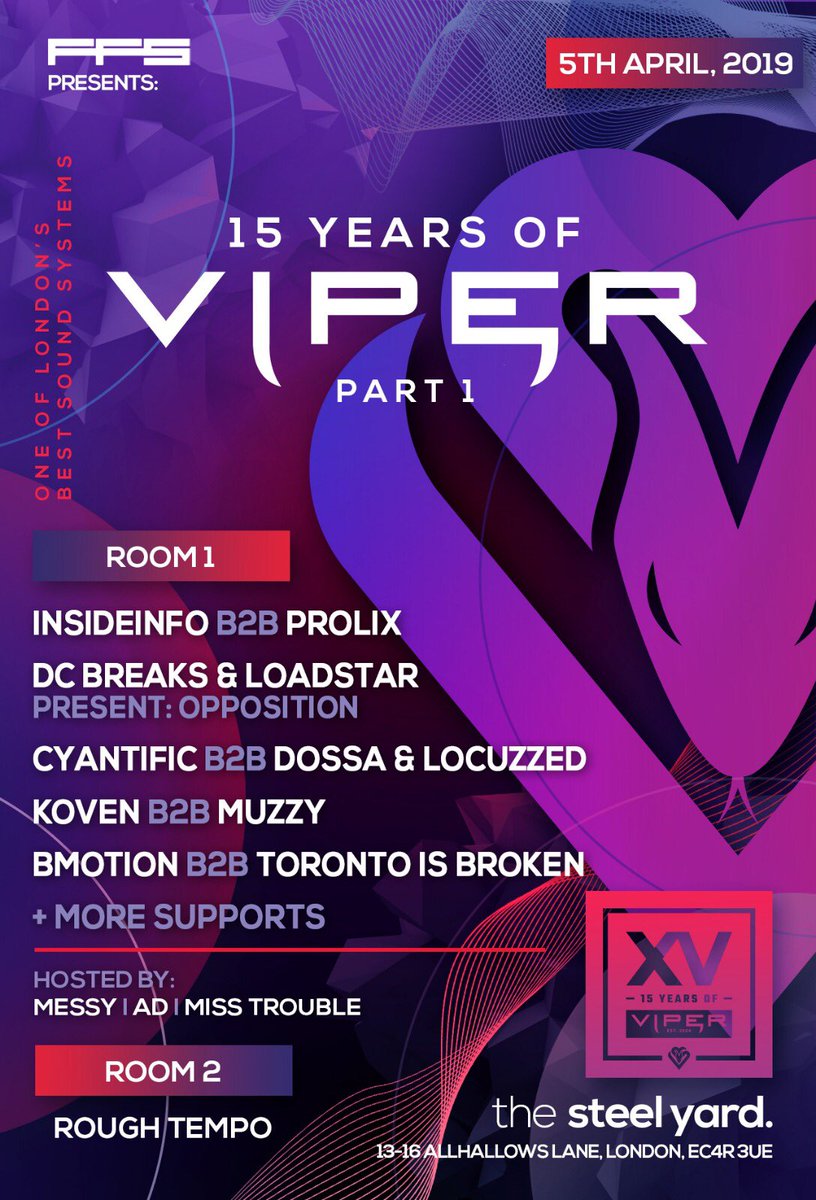 ViperRecordings's tweet photo. Whose ready for 15 years of Viper 
pt.1 @ @thesteelyardldn in 2 weeks. 
💃🕺Tickets:  https://t.co/slNspEH7wH
#15yearsofviper #drumandbass 🔥 https://t.co/HzKs4ahWAk