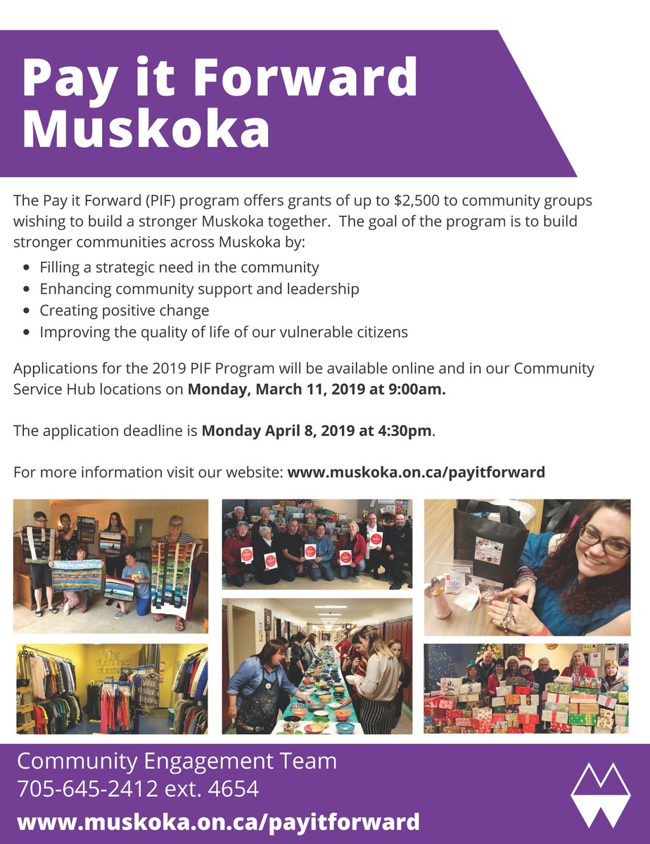 MuskokaLakesTwp's tweet photo. The @DistrictMuskoka Pay it Forward (PIF) program offers grants of up to $2,500 to community groups wishing to build a stronger Muskoka together. The application deadline is Monday, April 8th at 4:30pm. Learn more at: https://t.co/5DZjWedWdb https://t.co/fibULLNhYy
