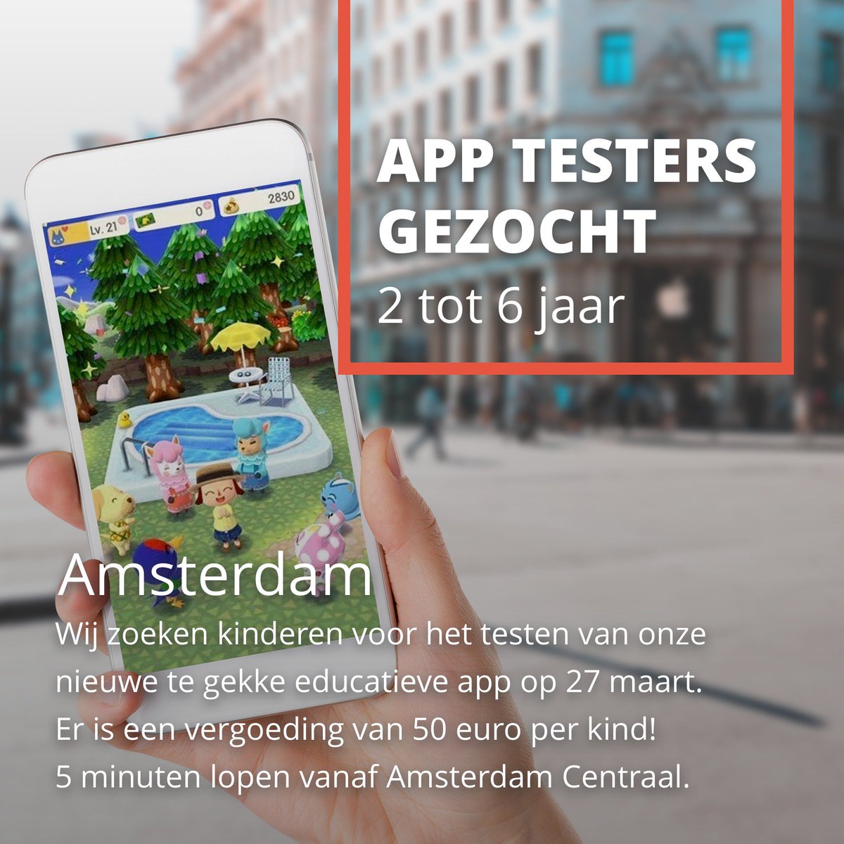 Voor een educatieve app zijn wij op zoek naar kinderen tussen de 2-6 jaar. Het testen vindt plaats in Amsterdam op 27 maart. De test duurt ongeveer een uur en er is een vergoeding van €50,-. Stuur een email naar Rachel via huijnen@d-tt.nl om je aan te melden of voor extra info.