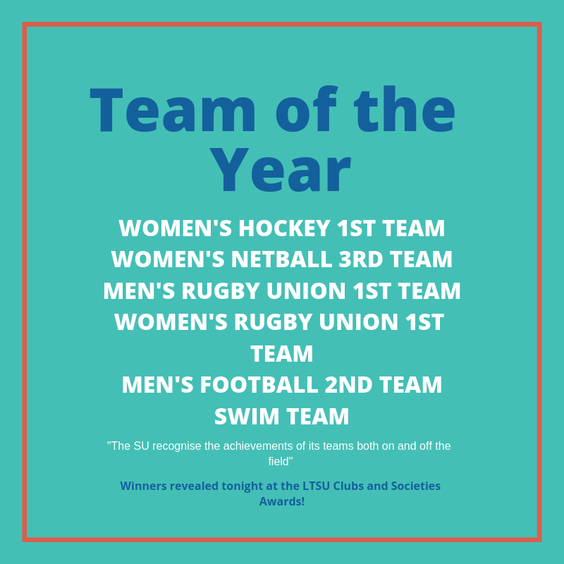 CLUBS AND SOCS AWARDS SHORTLIST #LTSUawards

"The SU recognizes the achievements of its teams both on and off the field"

Congratulations to <a href="/LTU_Hockey/">LTU Hockey</a>, <a href="/LeedstrinityN/">leedstrinity_netball</a>, <a href="/LTUSaintsRU/">Leeds Trinity Saints</a>, <a href="/LTUWomensRugby/">LTUWomensRugby</a>, <a href="/LeedsTrinityFC/">Leeds Trinity Mens Football</a> and <a href="/LTU_SwimTeam/">LeedsTrinitySwimTeam</a> for being shortlisted for this award!