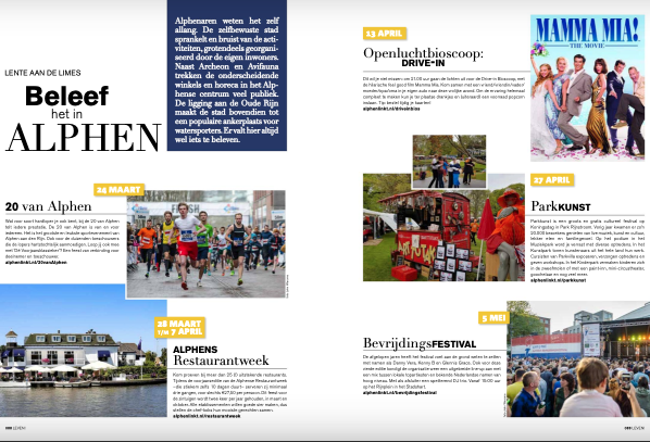 Beleef Alphen in de Lente uitgave van het magazine LEVEN regio Leiden.
Alphenaren weten het zelf allang. We bruisen van de activiteiten, grotendeels georganiseerd door onze inwoners! #AlphenBeleeft
ℹ️ bit.ly/beleefalphen (blz. 088 t/m 093)