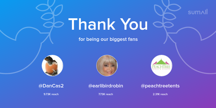 Our biggest fans this week: @DanCas2, @earlibirdrobin, @peachtreetents. Thank you! via sumall.com/thankyou?utm_s…