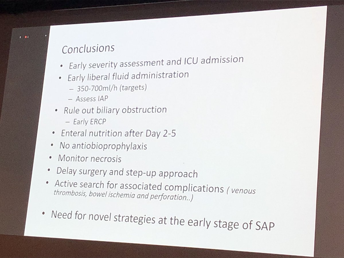 Severe acute necrotizing pancreatitis: Wait&amp;See approach
- ICU support
- early sphincterectomy if indicated
- early enteral nutrition either jejunal either gastric (if supported)
- NO antibiotic prophylaxis
- monitor necrosis
- delay surgery as much as possible
#ISICEM19 #Laterre