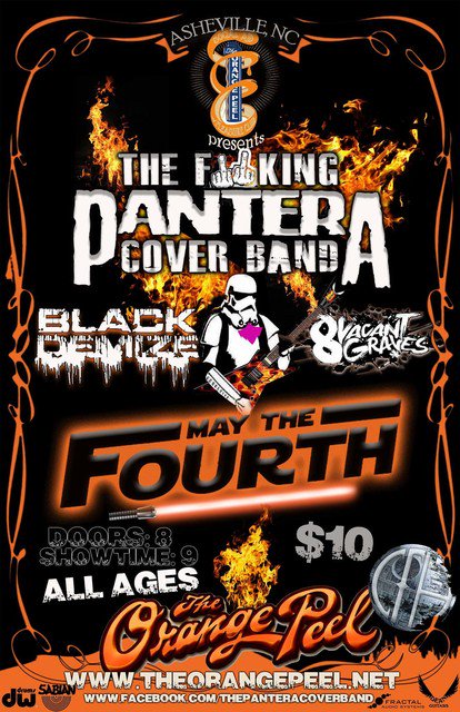 Coming up May 4th
We return to <a href="/ThePeel/">The Orange Peel</a> to join The Fucking Pantera Cover Band and rejoin Black Demise. Last time we got to join these guys was back in September with #philanselmo and the illegals.
#StarWars #Metal #pantera 

facebook.com/events/4247211…