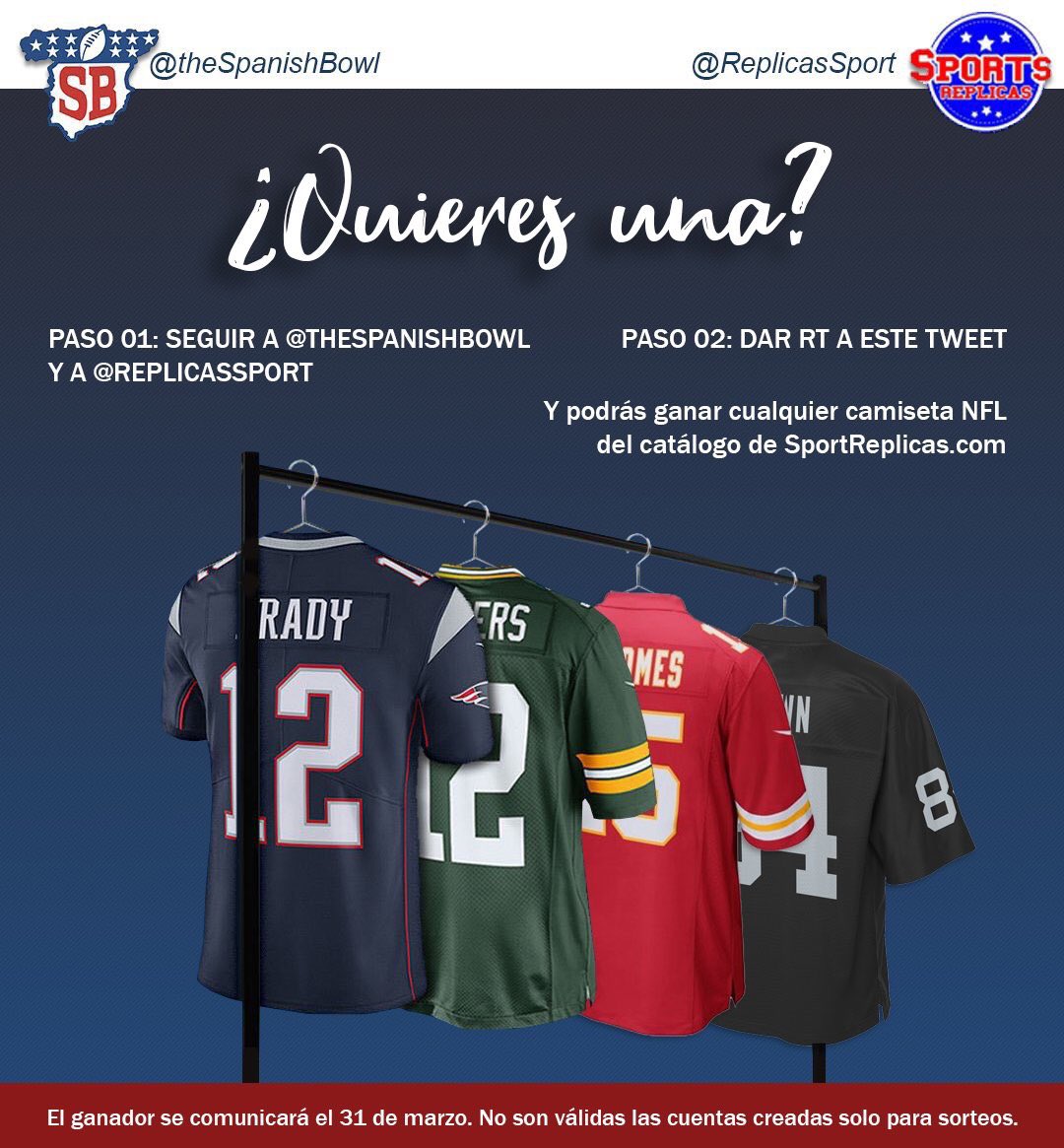 TheSpanishBowl's tweet photo. 🚨SORTEO! Queremos que celebres el fichaje de tu equipo consiguiendo su nueva camiseta. Para participar dale RT a este Tweet y sigue a @TheSpanishBowl y @ReplicasSport. ¡Mucha suerte! 🍀 

Pd: Condiciones del sorteo en la imagen https://t.co/fdItC7ejeJ