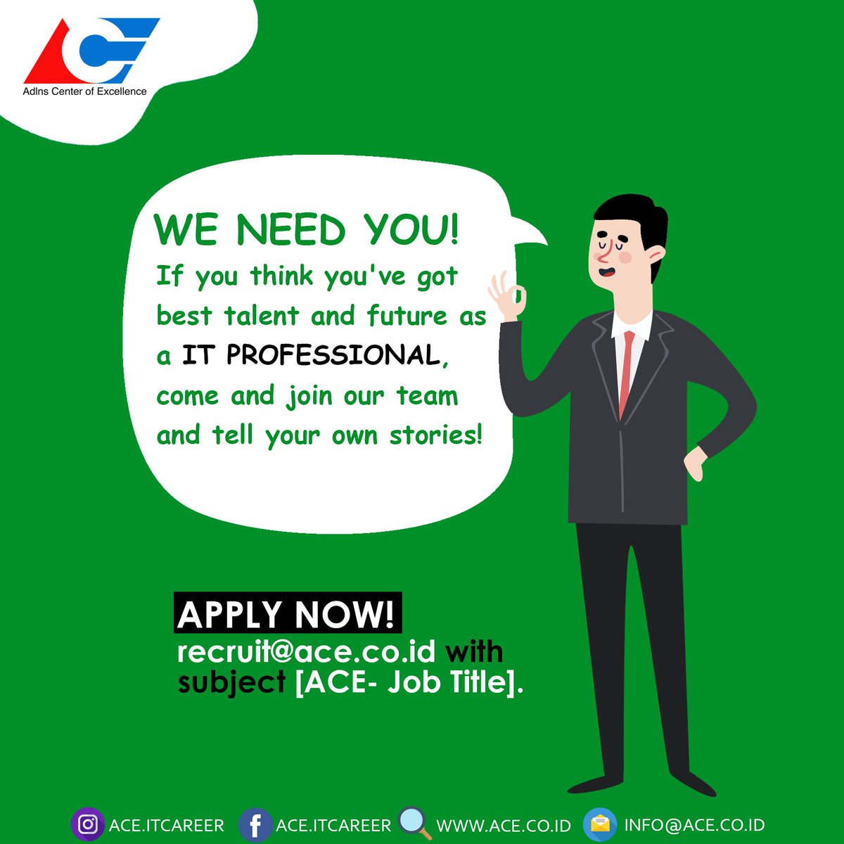 ACE_ITCareer's tweet photo. Sobat Ace, apakah kamu tertarik bekerja dalam dunia IT?
Di ACE , banyak lowongan kerja tersedia untuk kalian dengan rata-rata gaji diatas Rp10 juta per bulan. Kalian hanya perlu mengirim email berisi CV kamu ke recruit@ace.co.id dengan subject [ACE - Pekerjaan yang kamu inginkan] https://t.co/nLtEVeiVbD