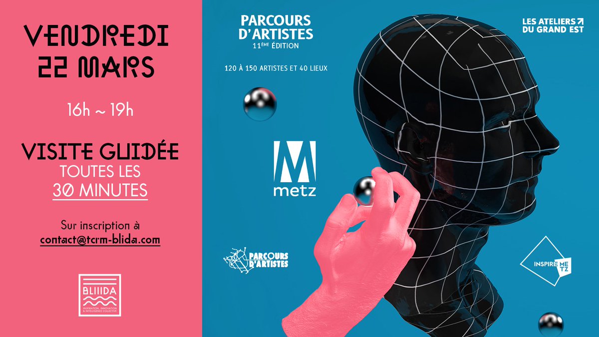 VilledeMetz's tweet photo. 🔔 Cet-après-midi, dans le cadre de Parcours d'Artistes #Metz, venez découvrir les secrets de #Bliiida, ses futurs développements et rencontrer ses artistes et artisans.
Départ toutes les 30 min de 16h à 19h.
Sur inscription : ✉ contact@tcrm-blida.com / ☎ 03 87 61 60 70 https://t.co/CGXLJKDhtp