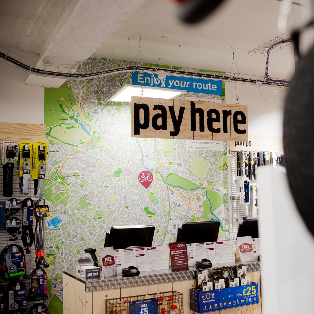 4pointmapping's tweet photo. Ever thought of having a wall map display for your business premises? Like these in-store maps we produce for CycleRepublic? We can position your shop, office or depot at the centre and design any sized map using your company's styles, colours, fonts, text and logos. #bespokemaps https://t.co/yYot1TZvqv
