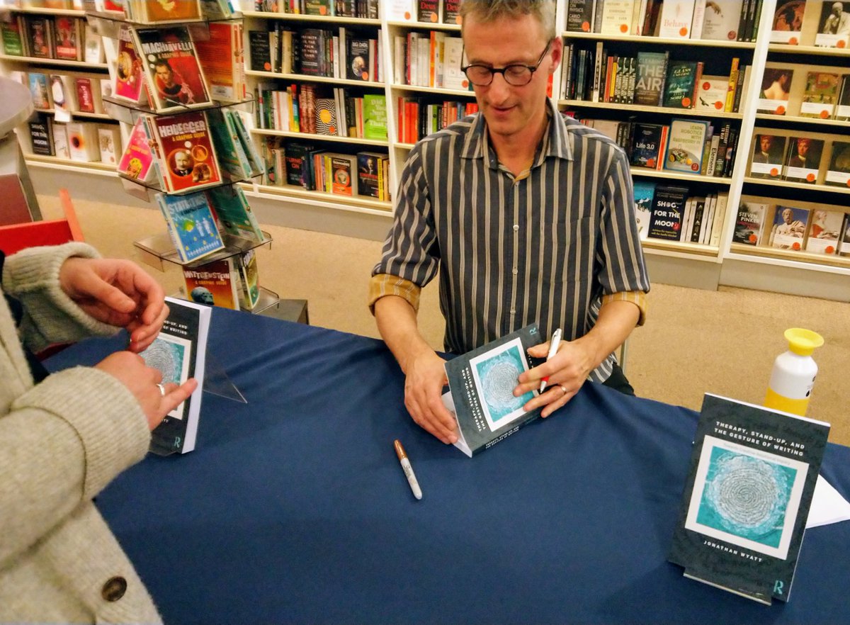 Something did happen. The launch of 'Therapy, Stand-up, and the Gesture of Writing' by @JonGWyatt was such a collection of insights and resonances on the meanings of fiction, the work of therapy, the existential aspects of life, and images of cats peering from some window. Grand.