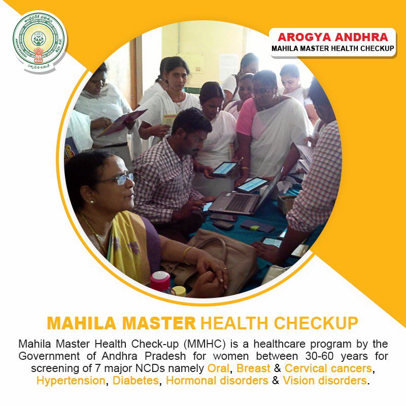 ArogyaAndhra's tweet photo. #MahilaMasterHealthCheckup (#MMHC) is a #healthcare program by the #Government of #AndhraPradesh for women between 30-60 years for screening of 7 major NCDs namely Oral, #Breast and #Cervical #cancers, #Hypertension, #Diabetes, #HormonalDisorders &amp; #VisionDisorders. #HealthForAll https://t.co/VplGKJFR2v