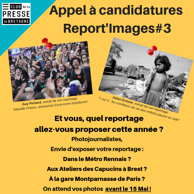 ClubPresseBZH's tweet photo. APPEL À CANDIDATURES pour la 3ème édition de notre exposition photo #ReportImages3.  Amis #photojournalistes nous attendons vos reportages photos avec impatience ! Vous souhaitez participer à cet événement ? Les détails ici : https://t.co/lJ21UxjdQ4 On compte sur vous 😉 https://t.co/pcJFeTwWyO