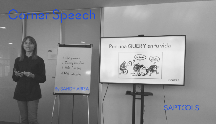 SaptoolsES's tweet image. Sandy Ariza en su presentación de &quot;Pon una QUERY en tu vida&quot; en el #CornerSpeech de este viernes.

Antes de nada nos ha hablado de 4 cosas básicas para aprender: 
🤔 Qué queremos
🤯 Ideas preconcebidas
🔁 Todo cambia
👌  Motivación!

#Saptools #Querytip