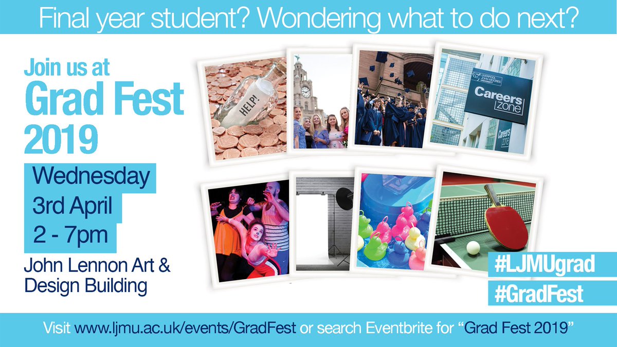 🎈🥳🎉 Grad Fest 2019 🎈🥳🎉
Wed 3 April, 2-7pm, John Lennon Art &amp; Design Building

A fantastic new event for final year UG &amp; PG students to help prepare you for the practical realities of life after LJMU in among lots of fun activities! #gradfest

Book: bit.ly/2FjOme6