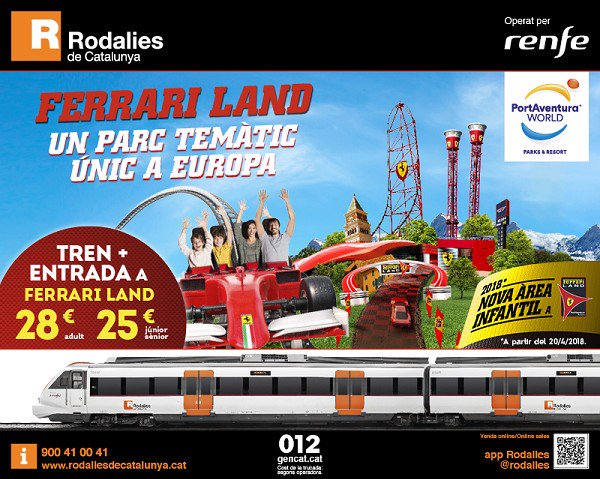 rodalies's tweet photo. Vols gaudir d'un dia al parc de Port Aventura i Ferrari Land? Sortegem 10 bitllets combinats dobles! Fes Follow + RT a un dels missatges relacionats amb aquesta promoció i afegeix l'etiqueta #BTravelRodaliesPortAventura per participar. 
Més informació: https://t.co/sEZNFE77bt https://t.co/CX7ZlDWe43