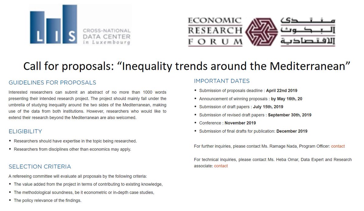We are pleased to announce a call for proposals on “Inequality trends around the Mediterranean” -- conference organised by ERF (@ERFlatest) and LIS in November 2019. --Interested researchers are invited to submit their proposals by 22 April 2019.-- lisdatacenter.org/news-and-event…