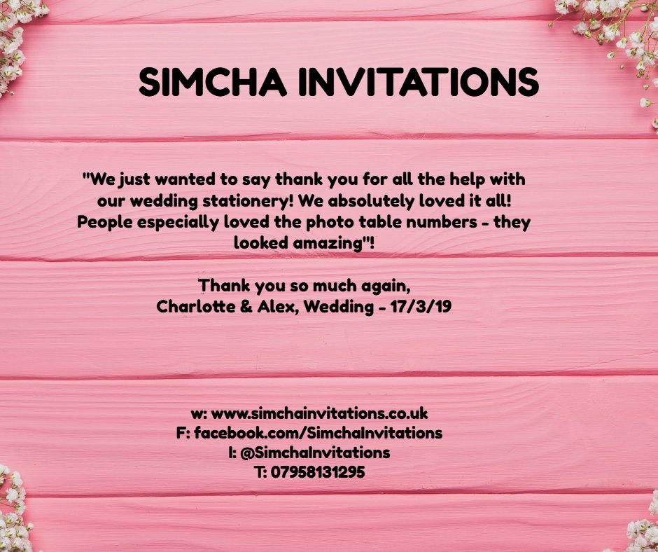 SimchaInvitati1's tweet image. Another happy client! Mazeltov to Charlotte &amp;amp; Alex who had their wedding on the 17th March 2019. #Wedding #Invitations #TableStationery
