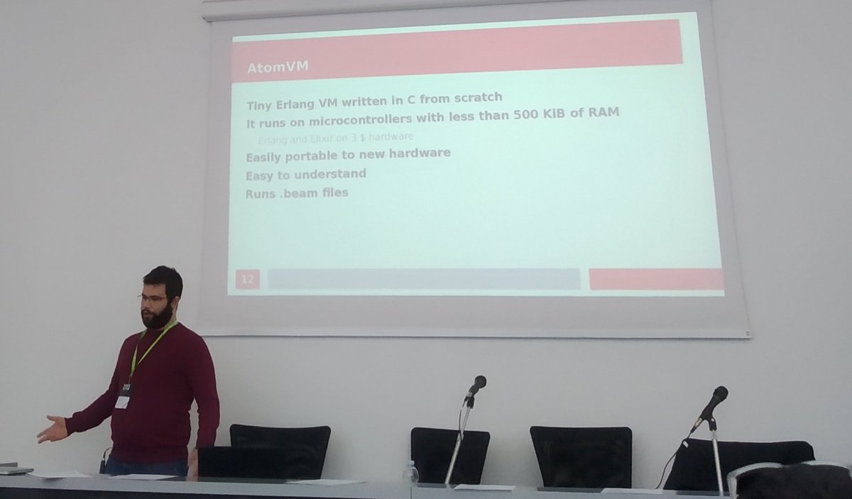 rmistaken's tweet image. Back from coffee break @Uninstall speaking about #atomvm to run  #beam languages on low end embedded devices #CBLItaly