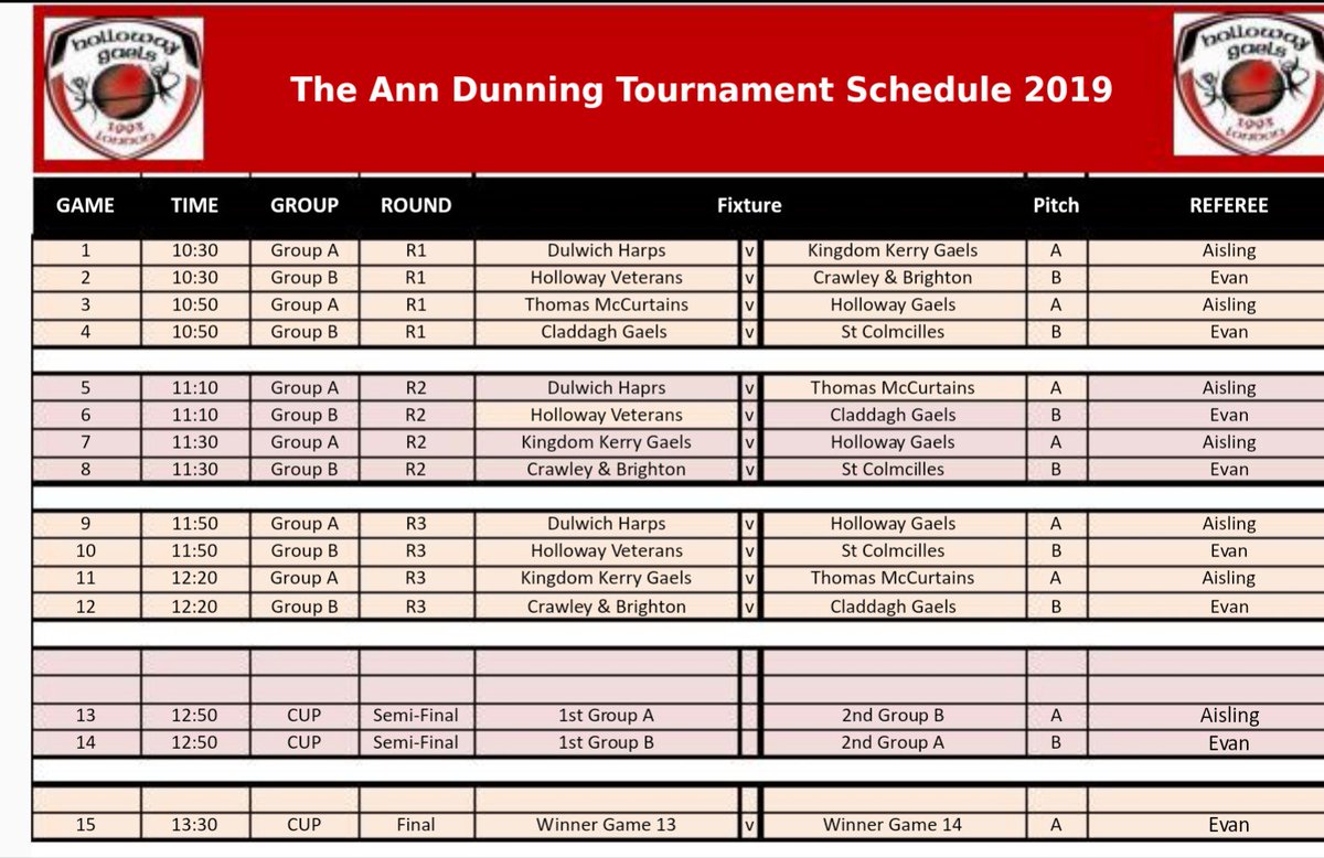 <a href="/CrawleyBtnGaels/">Crawley & Brighton Gaels</a> <a href="/KKGLGF/">KKG LADIES G.F.C</a> <a href="/claddaghgaels/">Claddagh Gaels LGFC</a> <a href="/ThomasMcCurtain/">Tomás MacCurtains</a> <a href="/StColmcillesGAC/">St Colmcilles GAC</a> <a href="/dulwichladies/">DulwichharpsGAA</a>
Drink plenty water... Early to bed.. And don't forget your gumshields. 😁 See you all at 10am tomorrow.
N13 6DL 🏆