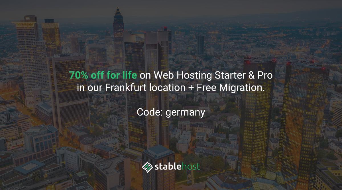 stablehost's tweet photo. Hello Germany! 🇩🇪 Get 70% OFF for life on Web Hosting Starter & Pro in our Frankfurt data center location. Free migration included!
Discount code: germany (Valid for as many new accounts as you want)
Order now! https://t.co/6Wwk11ucce #offer #stablehost #webhosting https://t.co/jWioYPXybl