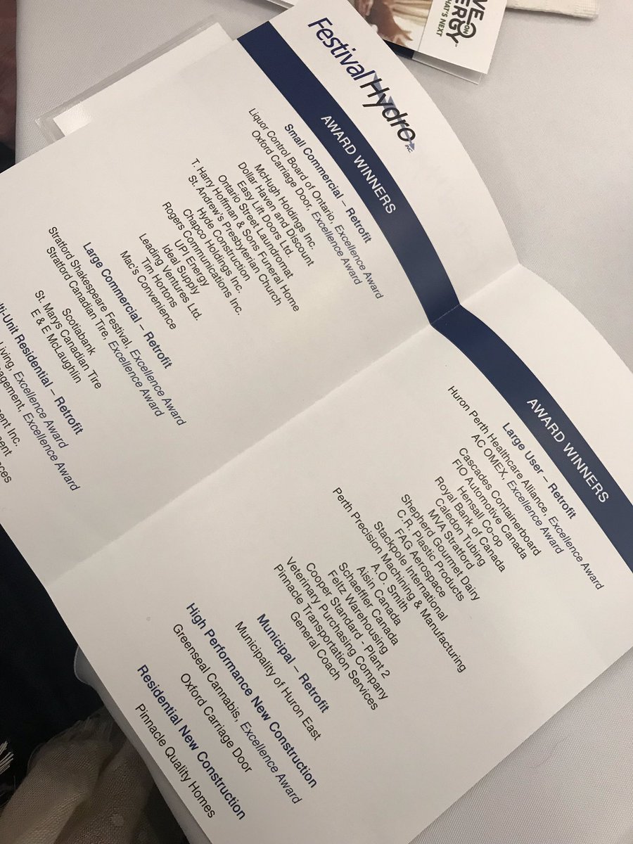 joanigerber's tweet photo. Congrats to the @Festival_Hydro conservation award recipients!  So many great companies and organizations on this list!  @investStratford #energysavings https://t.co/j7EPIUpNGH