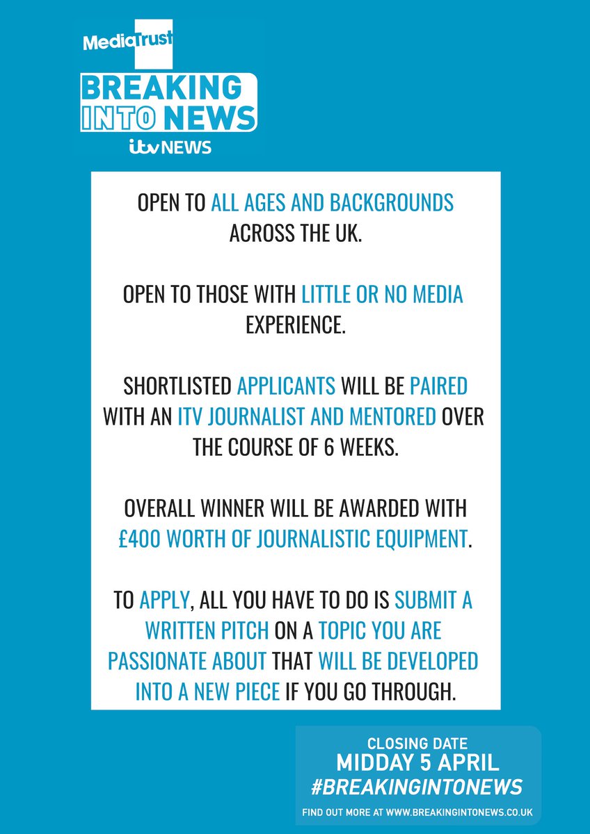 SocialFixt's tweet photo. Awesome opportunity for any aspiring journalists?
@MT_Futures X @ITV have partnered together to offer mentorship to 10 people across the country to develop a story and learn about the field.
Apply: https://t.co/nPB8OSRj5S
#GetFixt https://t.co/99VT2SnJbK