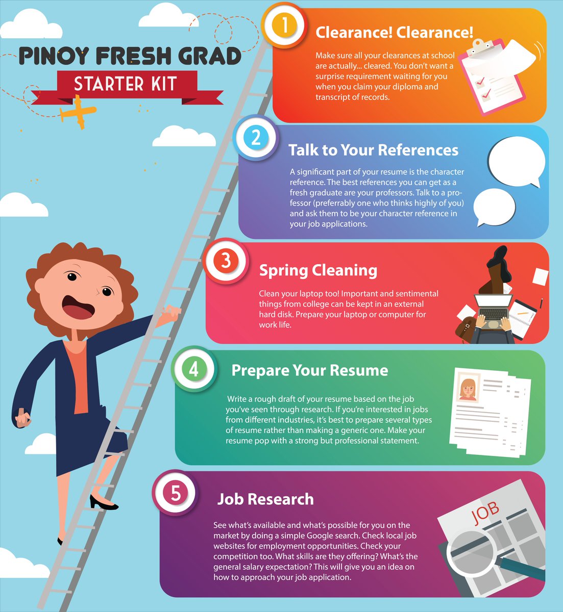 collave_com's tweet image. The Pinoy Fresh Grad Starter Kit
You got your degree, CONGRATULATIONS! If your next step is to find employment, you are finally entering the "ADULTING" phase. Take a deep breathe and consider these tips. 
#Infographics
#PinoyFreshGrad
#Collave