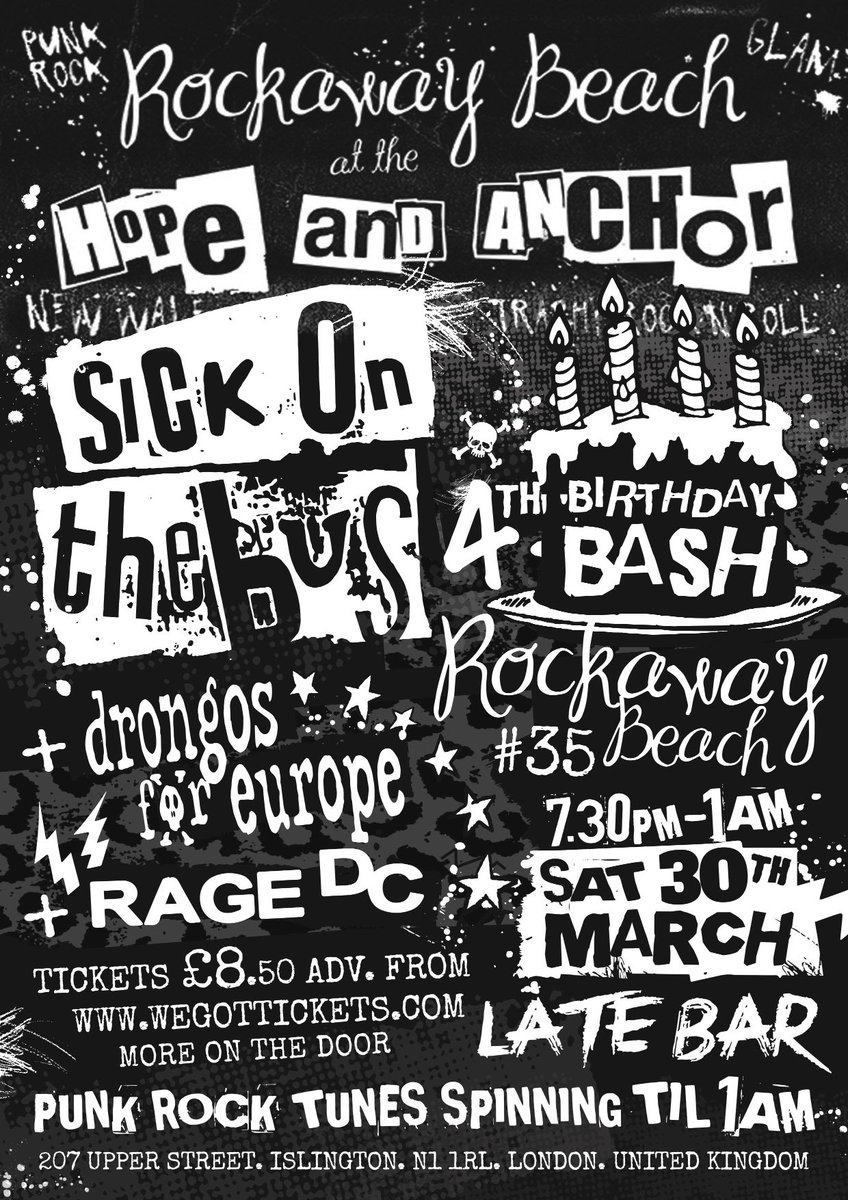 7 Day Countdown...ADV Tickets £8.50.... At wegottickets.com/event/443631.. ROCKAWAY BEACH.. 4th BIRTHDAY BASH... Sat 30 March,The Hope + Anchor London Town @ViveLeRock1 <a href="/MuleFreedomPR/">MuleFreedom</a> <a href="/TimeOutLondon/">Time Out London</a> <a href="/PunkGigsLDN/">Punk Gigs London</a>