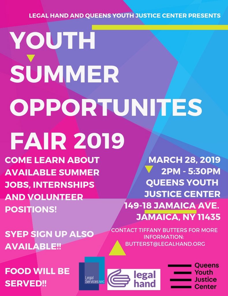queenscjc's tweet photo. Attention all youth!! Come join us and @legalhandjam for the 2019 Youth Summer Opportunities Fair on March 28th!! https://t.co/mTTs9MyX1m