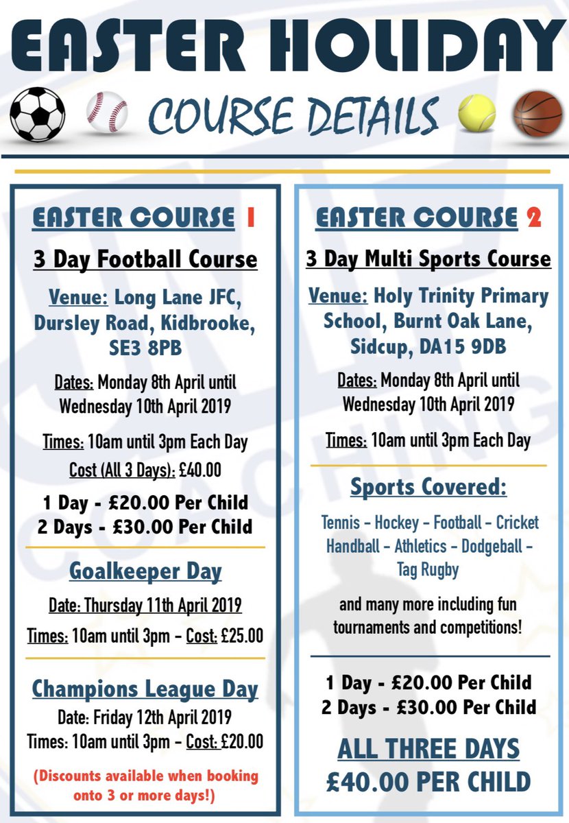 Jfordy7's tweet photo. My company JMF Coaching will be hosting high quality football and multi sports courses over the Easter Holidays! 

✅ TWO 3 Day Football Course
✅ TWO Goalkeeper Days
✅ Multi Sports Course
✅ Champions League Day

Please feel free to RT! 💥⚽️

#JMFWay ⚽️ https://t.co/iEMT2LNOHI