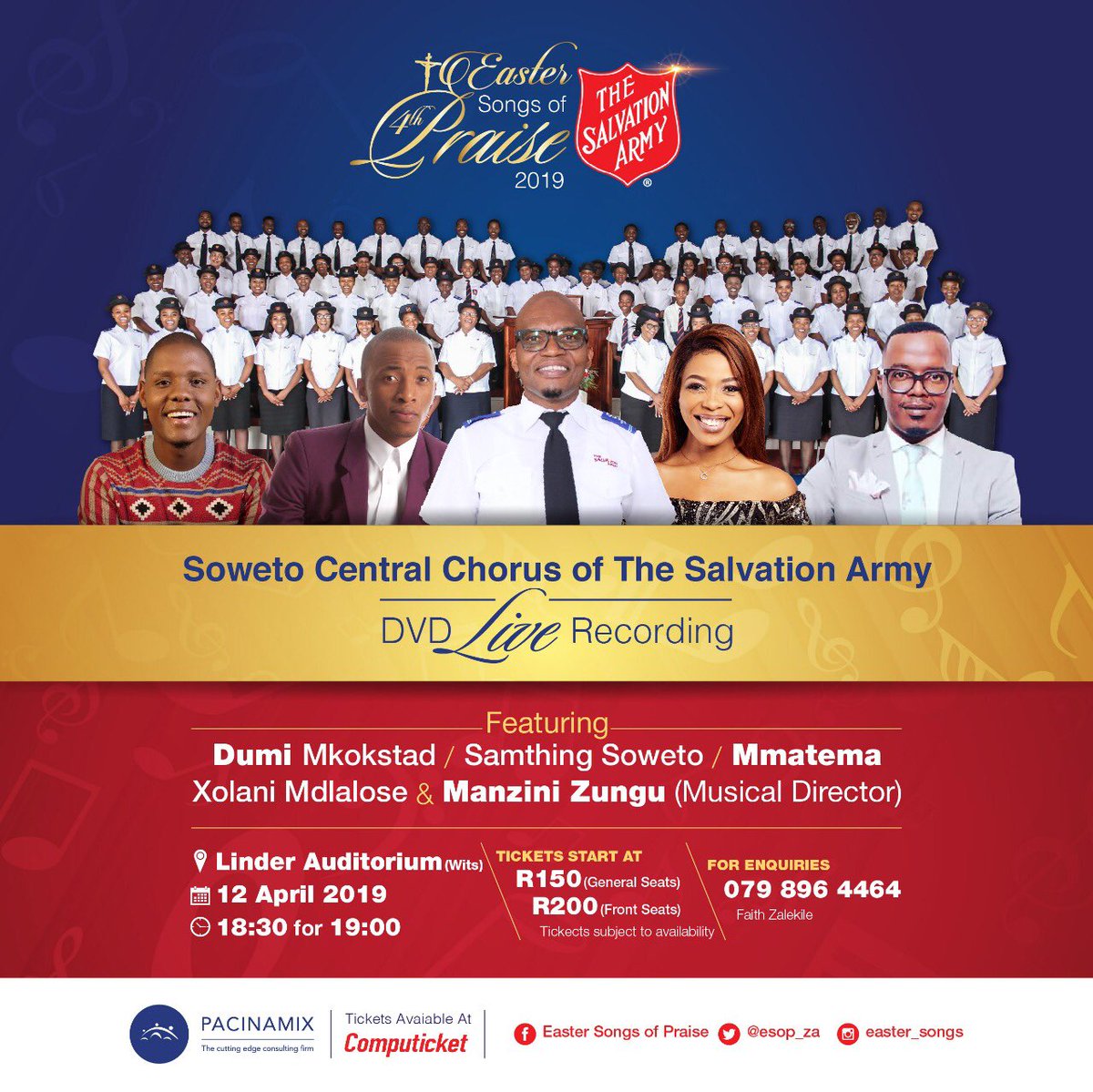SowetoCentral_C's tweet photo. Come and celebrate with us in praise and worship on Friday the 12th of April 2019, at the Linder Auditorium! 
Tickets start at R150 and will be available @Computicket from Tuesday 26 March.#SongsOfPraise4 
@samthingsoweto @mkokstad_dumi @MmatemaMoremi @XolaniMdlalose_ @hamashe04 https://t.co/CWzP5gmrbN