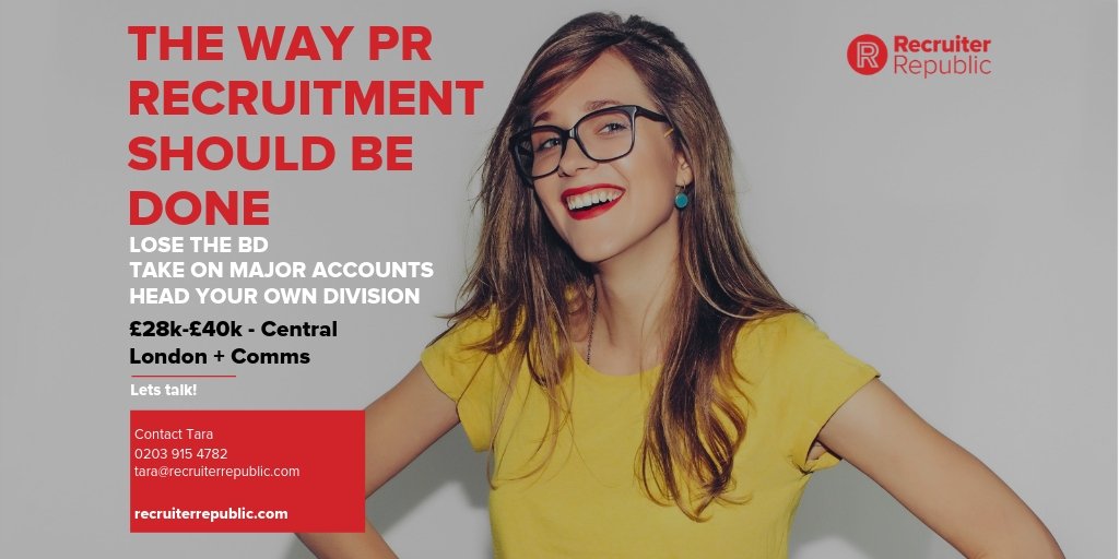 RecRepublic's tweet photo. Recruiters with a passion for marketing &amp; PR?
This specialist partner to the media world now needs a superstar Recruiter to take one of several high-profile accounts. 
AND NO BD!

hit up the link below for more info or call us on 0203 915 4790.

https://t.co/PMzdYAM4Z4
#rec2rec https://t.co/EbCe2LjozP