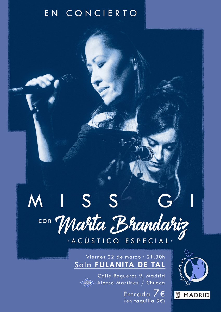 fulanitaenvivo's tweet photo. 📅 #Hoy, 22 de #marzo / 21:00h
ℹ️ #Concierto de MISS GI &amp; MARTA BRANDARIZ #Indie #Pop #rock
🎫 Entradas 7€ anticipadas entradium / 9€ en puerta 
👉 https://t.co/xfFNsQwcTM  

#MissGI será acompañada en un #directo #acústicomágico por la #teclista #MartaBrandariz. https://t.co/Ab34QYiMXX