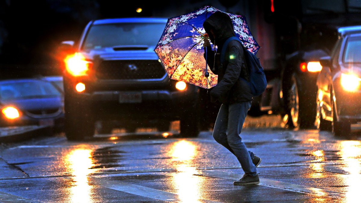 A flowery umbrella was some help in an early morning rainfall that poured at times in Boston.....