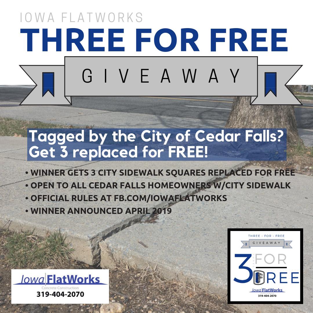 IowaFlatworks's tweet photo. Live in Cedar Falls? Have city sidewalk? Get 3 replaced for FREE!  Enter our #3forFREE giveaway at https://t.co/w7okWxGeUc https://t.co/pgV13qAaiG