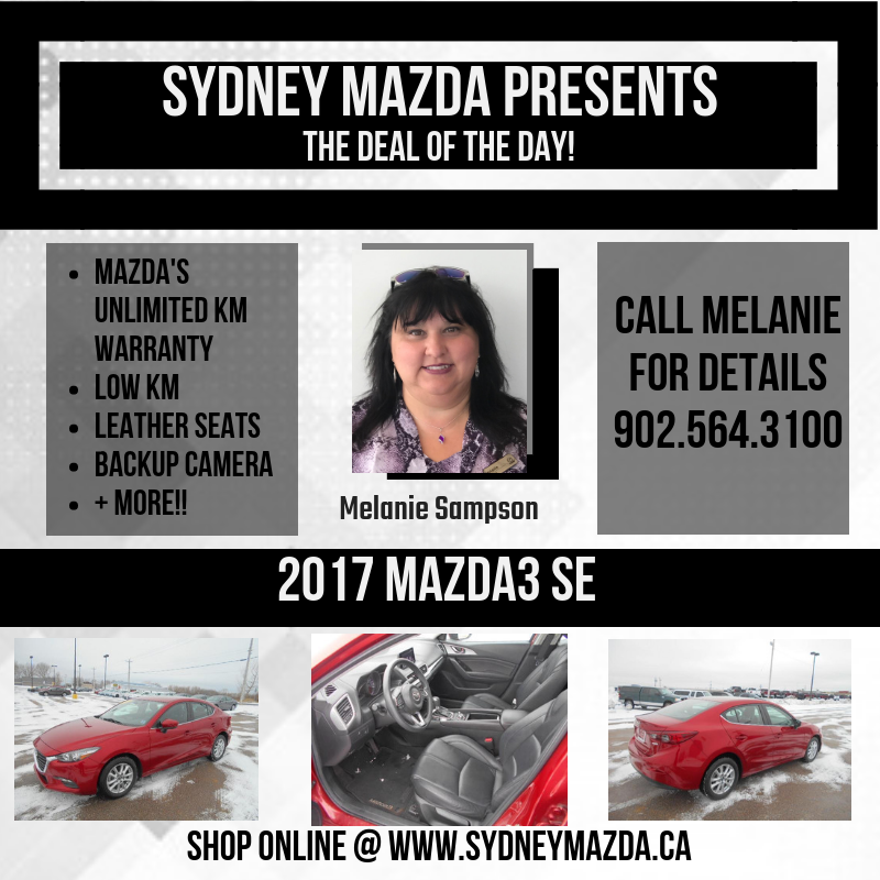 SydneyMazda's tweet photo. Melanie's pick is our 2017 Mazda3 SE! This Special Edition comes with Mazda's Unlimited KM Warranty, leather interior, backup camera, Bluetooth & More! Stop by for a test drive - we're here til 6! #SydneyMazda #FeelAlive #Mazda3SE #PreOwned #UnlimitedKMWarranty #M3SE https://t.co/pkJuxYypPf