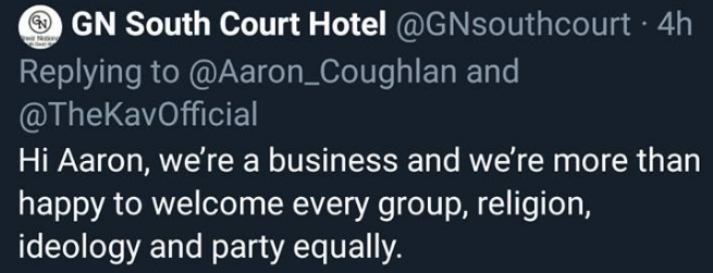 Fashlight3's tweet photo. The Hotel has already taken a stance, so this one will require some persistence. 
No platform for fascists! https://t.co/nF8eI4F5Sf