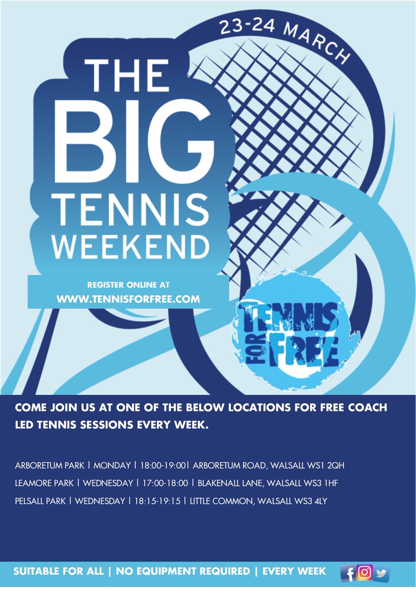 Right folks, Tennis For Free is back this weekend across parks all over the country! Remember to sign up and register at each venue at tennisforfree.com (beforehand) come to all 3 it you like
Arboretum 6pm Monday 
Leamore Park 5pm Wednesday 
Pelsall Village 6:15pm Wednesday
