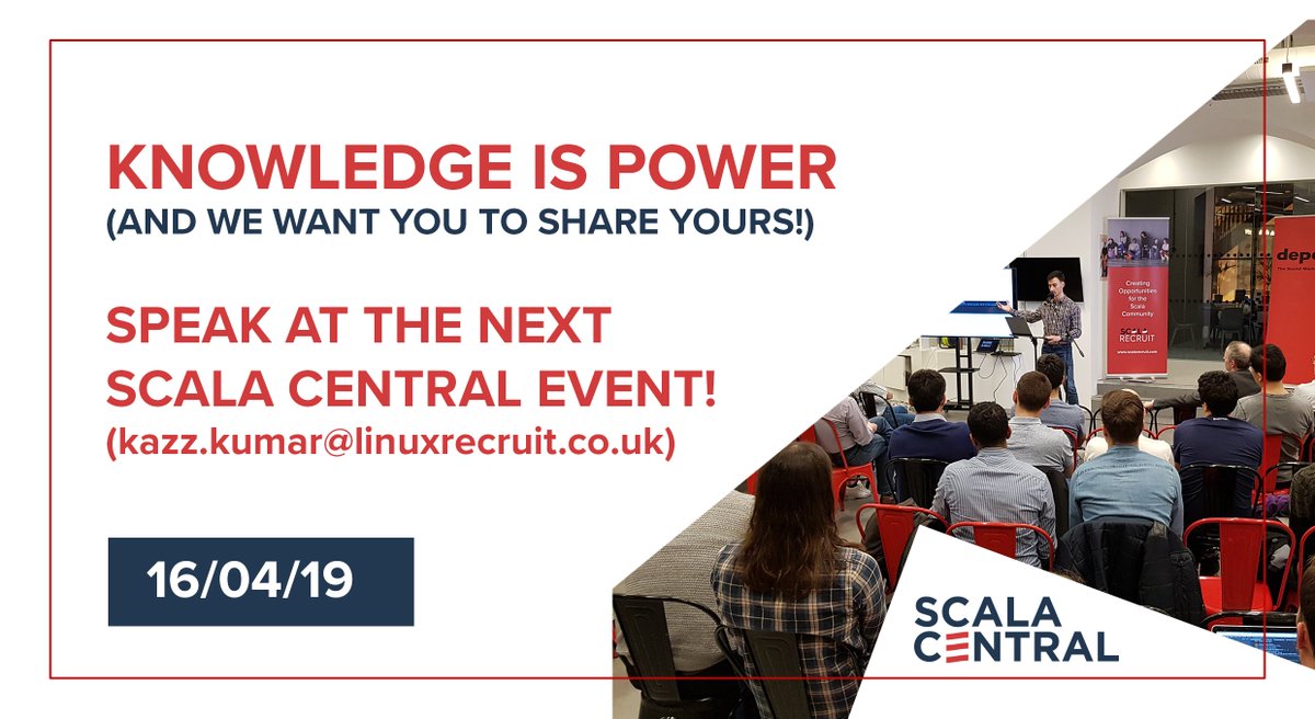 Scala_Central's tweet image. The next Scala Central event is on the 16th April! We are looking for speakers to get involved :) If you are interested in sharing your knowledge, please email: hello@scalarecruit.com or simply reply back to this tweet! Looking forward to hearing from you! #Scala #ScalaCentral