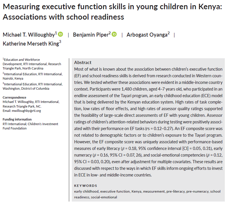 How do executive function skills relate with school readiness? Do the rel'ps between EF and school readiness differ in Kenya from what we find in the US or UK? Excited... New in Developmental Science with Willoughby, Oyanga and <a href="/KMersethKing/">Katherine Merseth King</a> onlinelibrary.wiley.com/doi/pdf/10.111… @RTI_EdWork