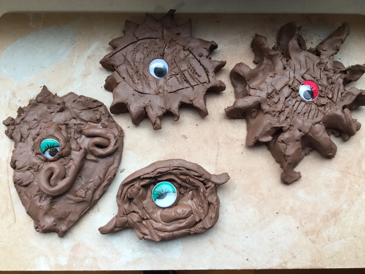 ssao_y2's tweet photo. Look at Year 2’s spooky dragon eyes 👀 we have been practising using tools to make patterns in clay https://t.co/suzJT4YHDd